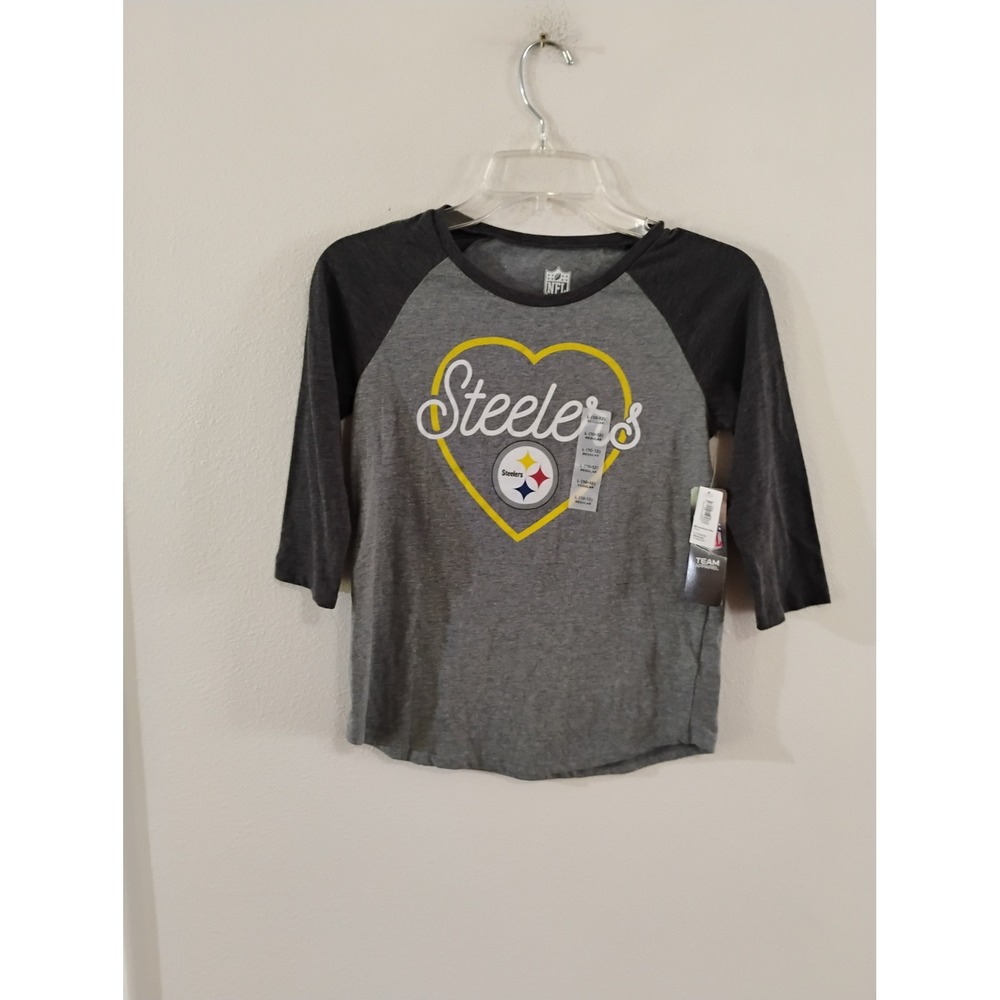 NFL Team Apparel Girls Pittsburgh Steelers Raglan Shirt Grey Black Large 10-12